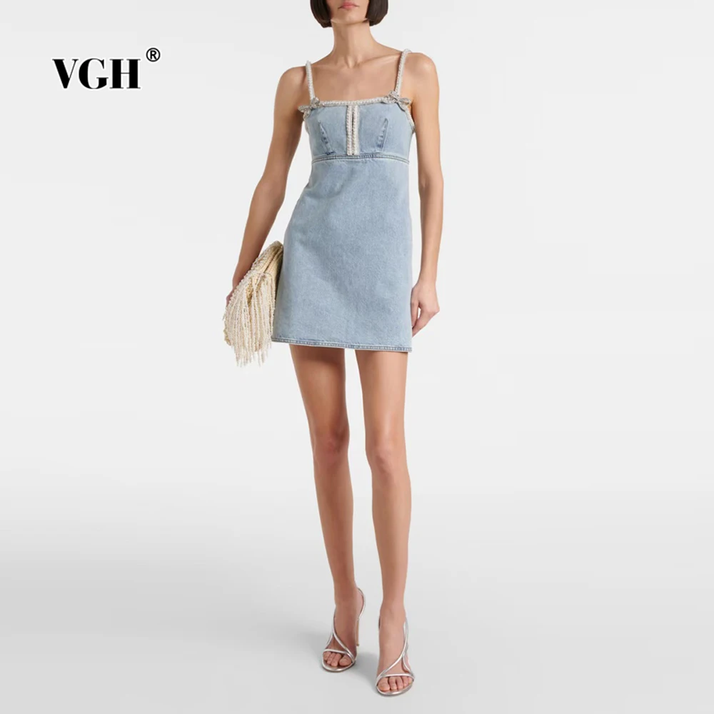 

VGH Hotsweet Patchwork Bow Short Dresses for Women Square Collar Sleeveless High Waist Spliced Beading Jeans Dress Female New