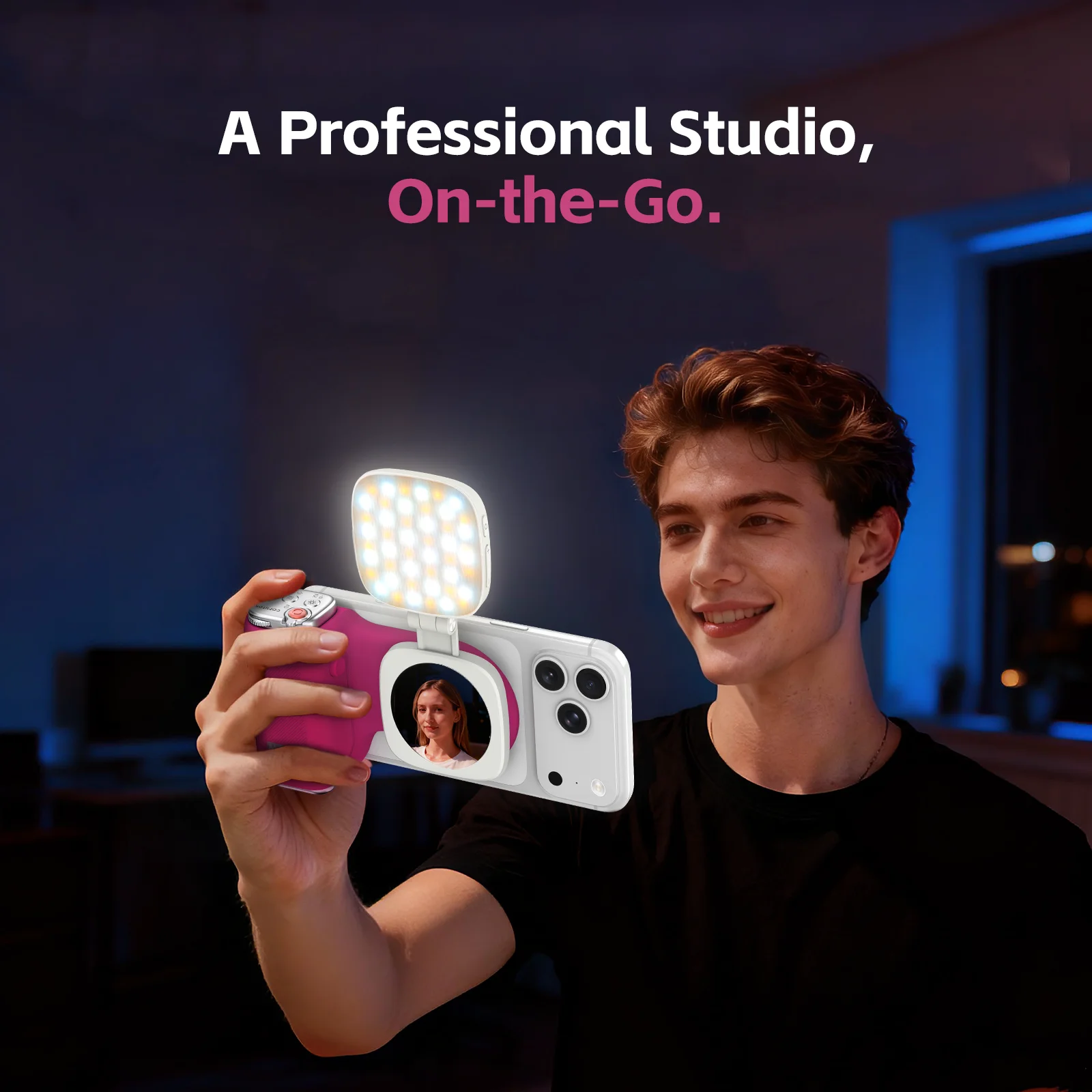 قبضة تصوير كوميتوك موكا آيفون، جهاز تحكم عن بعد بلوتوث قابل لإعادة الشحن قابل للفصل، مصراع DSLR/قفل تركيز + ضوء ملء اختياري/مرآة