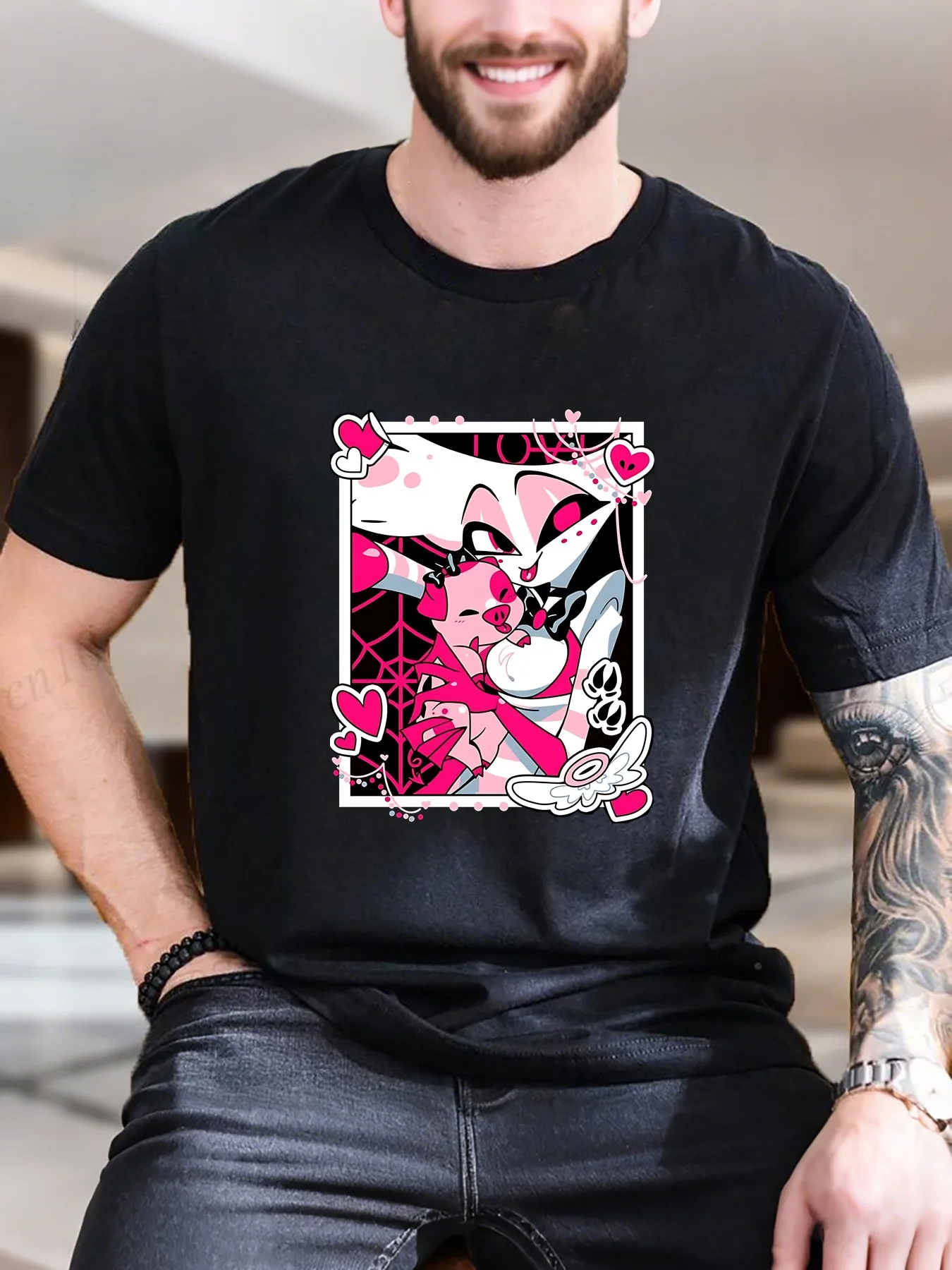 

Men's Cartoon Cat Print T-Shirt - 100% Cotton Breathable Tee with Pink Bow & Hearts Design, Casual Summer Graphic Top for Daily Wear