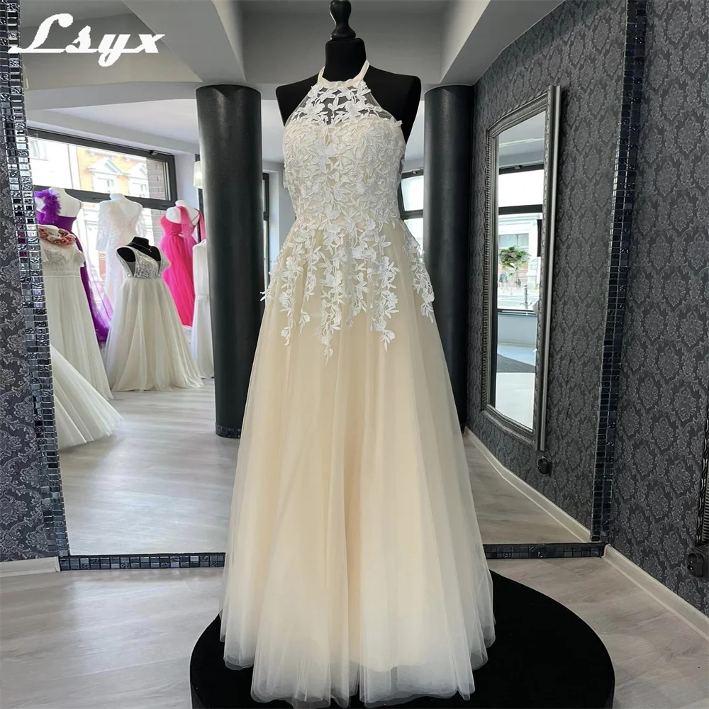 LSYX Tulle Halter Lace Appliques Evening Dress For Women Sleeveless A Line Lace Up Back Floor Length Prom Gown