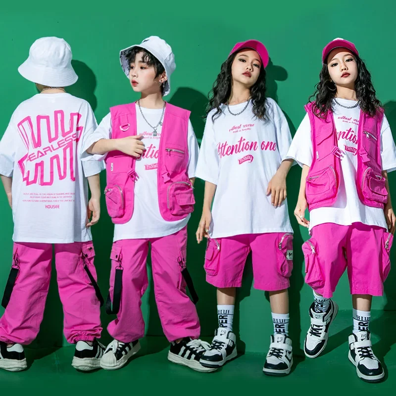 New Jazz Dance Costume Kids Hip Hop Clothing White Short Short T Shirt Pink Vest Pants Teen Modern Dance Performance Stage Wear