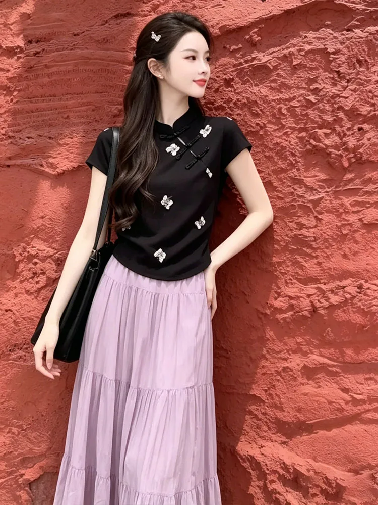 

Summer Fashion Retro Chinese Style Heavy Embroidery Button Short Shirt Skirt Set High Waist Gored Skirt Ensemble