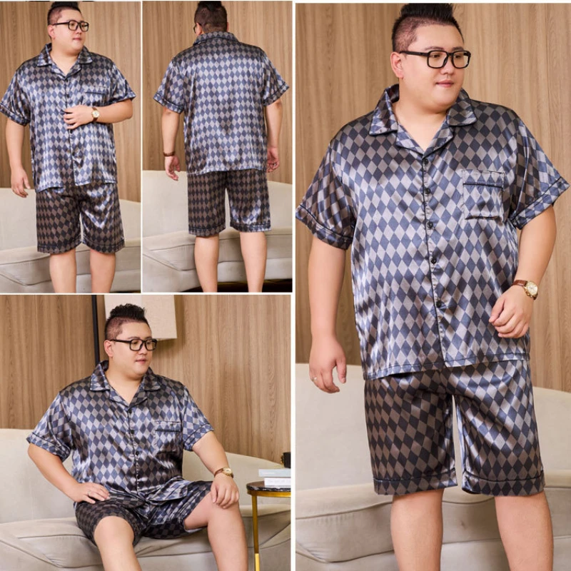 5XL PLUS ขนาดชุดนอนสําหรับชาย 150KG ฤดูร้อนซาติน Silky ชุดนอนแขนสั้นกางเกงขาสั้น 2PCS ชุดหลวมหรูหราลายสก๊อตเสื้อผ้า