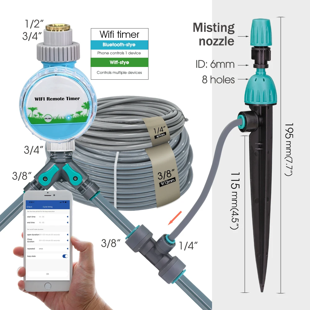 3/8'' Quick Connect Adjustable Spray Garden Watering Kit 195mm Sprinklers Smart Misting Drip Irrigation Equipment for Plants