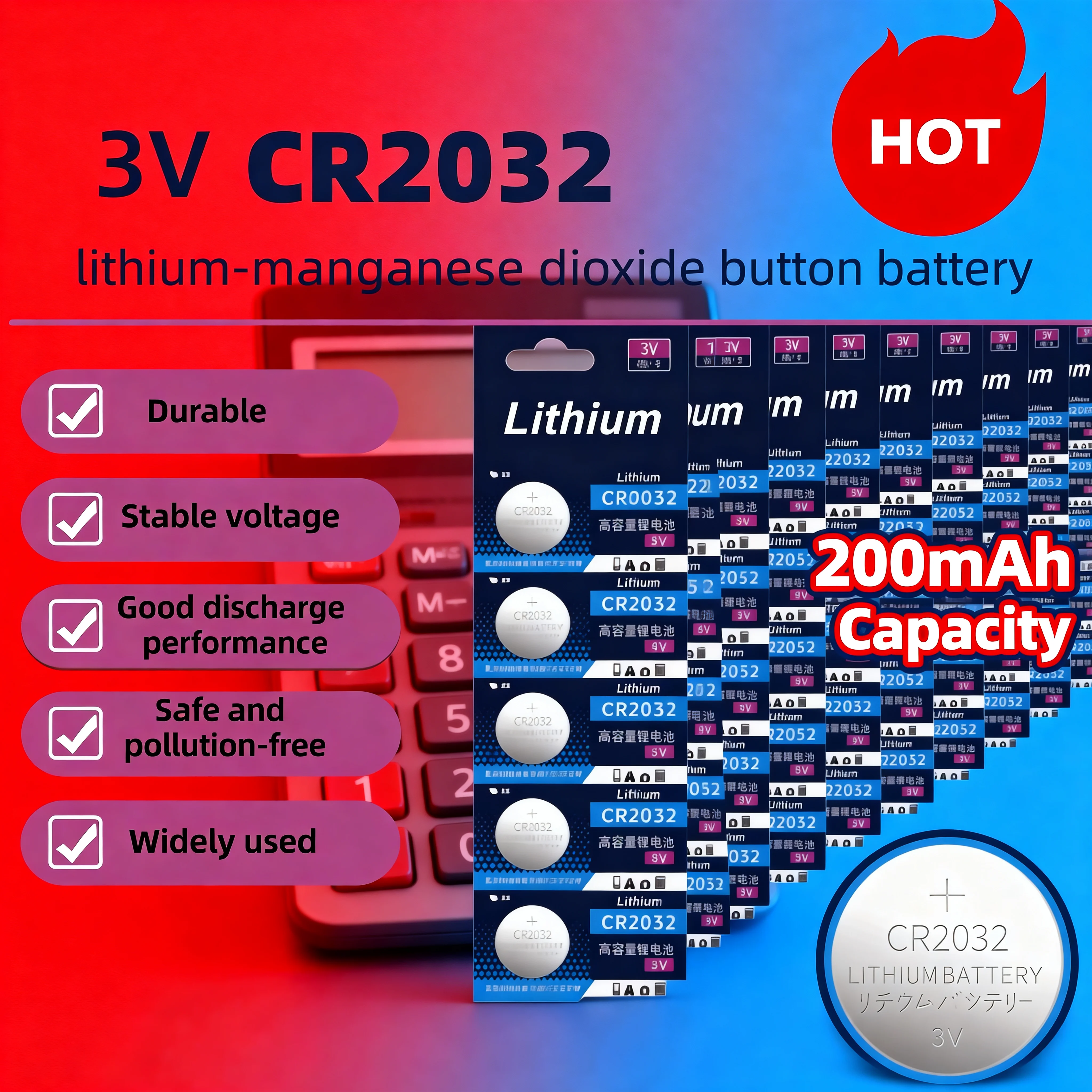 

CR2032 Button Battery, 3V Lithium Battery, 200mAh Large-capacity Watch, Toy, Calculator, Car Remote Control