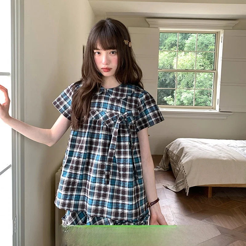 

Летний винтажный комплект Ele Summer Cheesecake Day: синяя клетчатая юбка и топ с воротником «Питер Пэн» для женщин, из хлопка, с коротким рукавом, круглый вырез