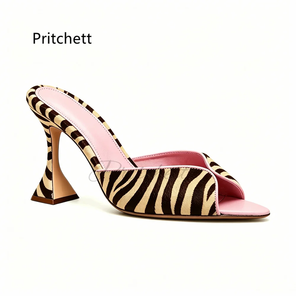 

Women's Stripes Horsehair Sandals Slippers Open Round Toe Black Yellow Prints Leather Summer High Heels Pull On Party Shoes