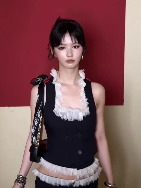 

Модный дизайнерский жилет с цветными вставками, кружевной отделкой, квадратным вырезом, приталенный, с двойной застежкой на пуговицы, летний, Ele Summer ort Jaet