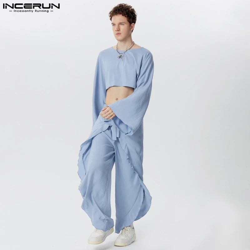 INCERUN Men Sets Solid Color O-neck Long Sleeve Crop Tops & Irregular Pants 2PCS Streetwear 2024 Fashion Men Casual Suits S-5XL