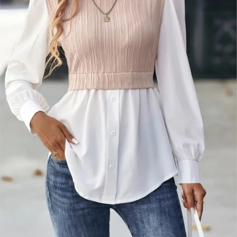 2024Women New Round Neck Wave Splice Fashion Tops Office Women's Shirt Leisure Blouse Elegantes Mujer Blusas Femininas Elegantes