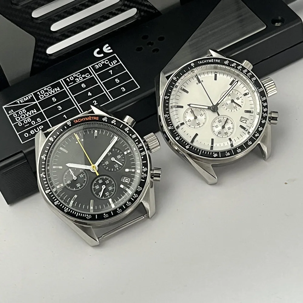 

39.8mm men's Vk63 movement watch, men's water-resistant black and white case chronograph size watch, sporty style