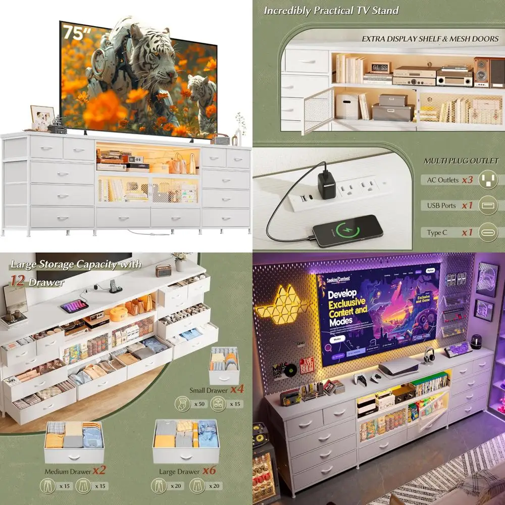 LED TV Stand for 85/80/75 Inch TVs with Charging Station, Sturdy Bedroom Dresser with 12 Fabric Drawers