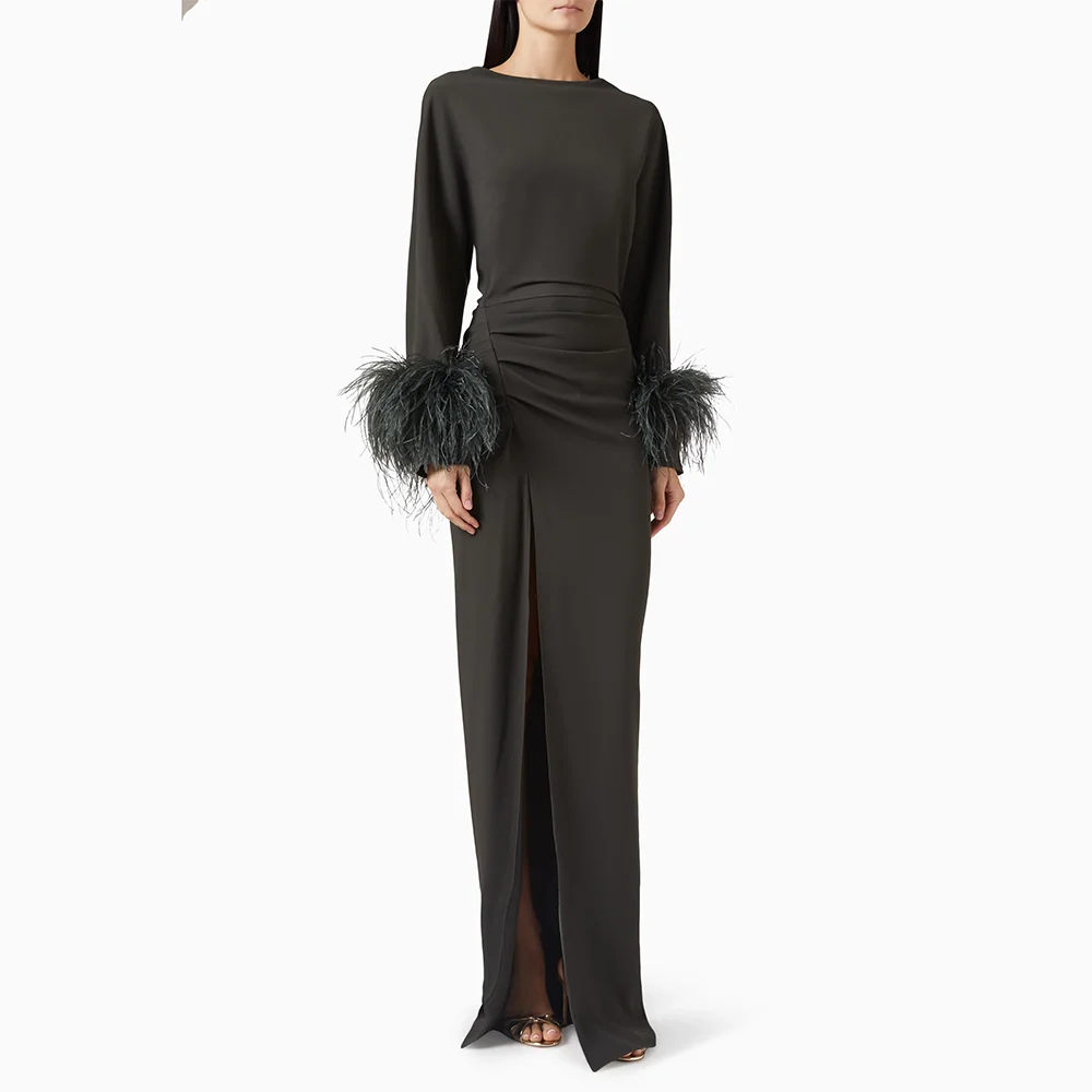 

Simple Evening Dress Boat Neck Long Sleeves Pleat Jersey Straight Evening Gowns Floor Length Prom Dresses Dress Customized