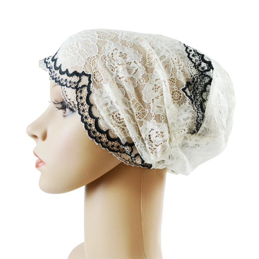 Ramadan Lace Florals Soft Breathable Stretchable Hijab Caps Fashion Muslim Women Inner Turban Hats Islamic Under scarf Headwear