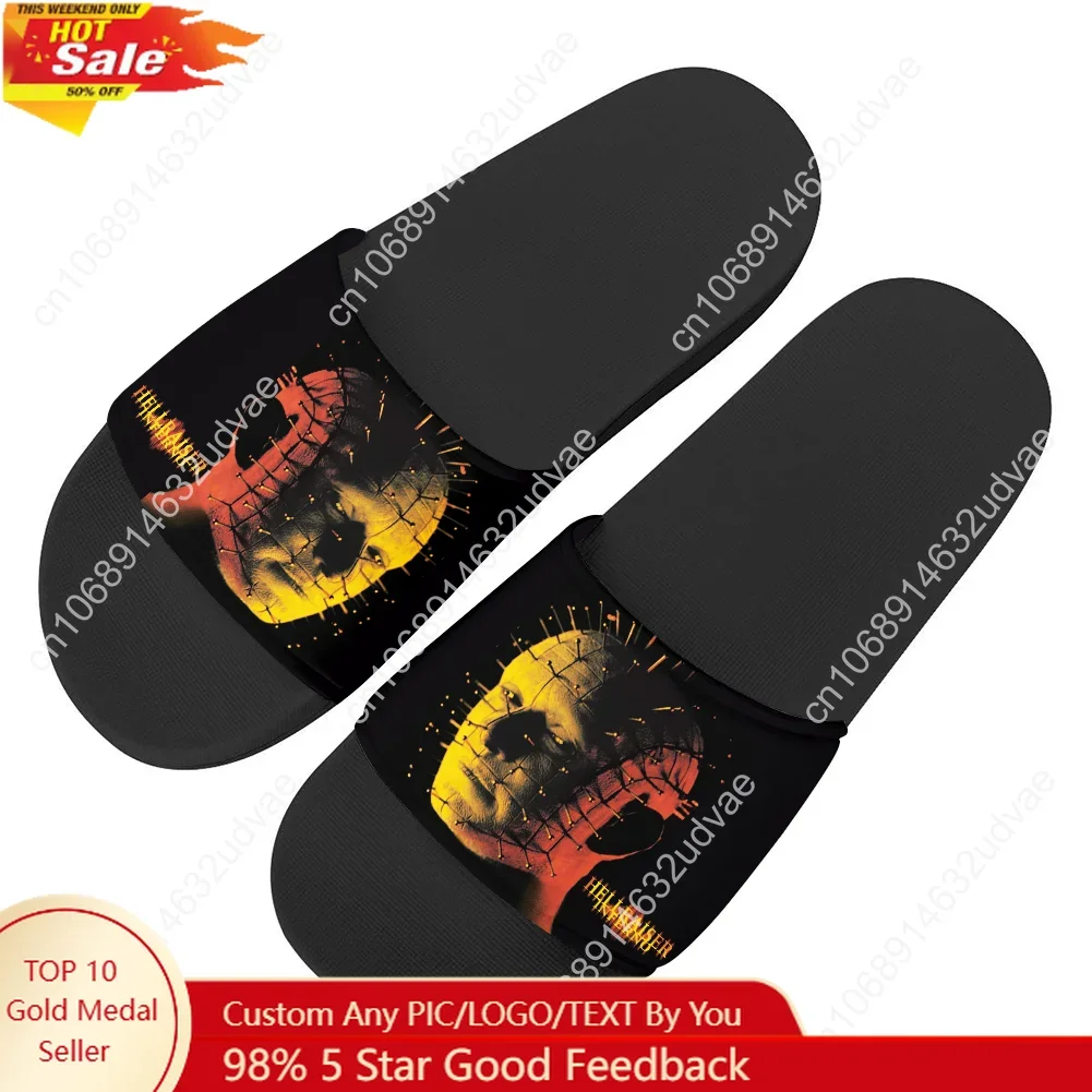 

Шлепанцы Hellraiser для мужчин, женщин, мальчиков и девочек, индивидуальный пошив, с фото и текстом, для ванной и воды, черные