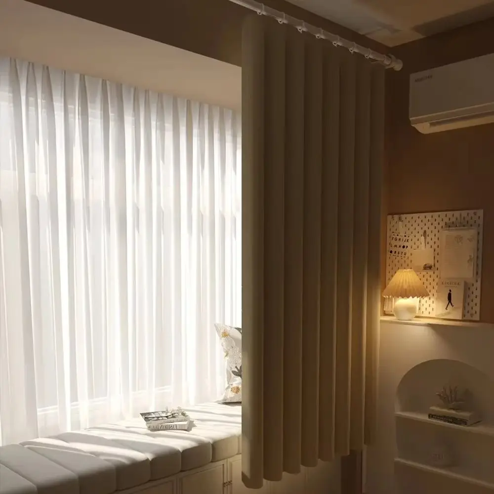 1Pcs Full Blackout Partition Blackout Curtain Polyester Fabric High Shading Protection Window Door Curtain Beige