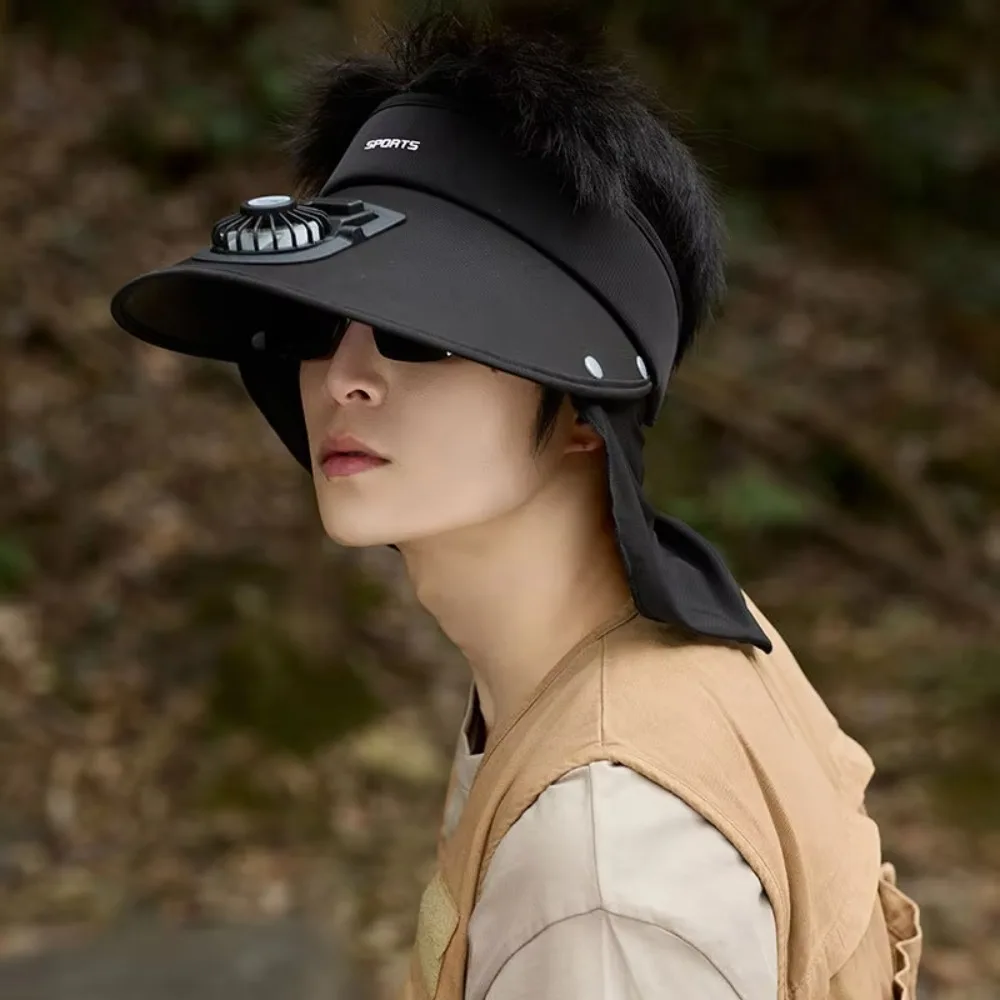 

New Usb Charging Cooling Fan Hat Empty Roof Large Brim Fishing Hat with Shawl Breathable Sun Visor Hat Men Women