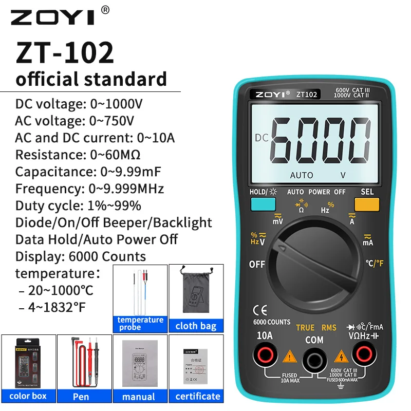 Imagem -05 - Zoyi Zt102 102a Multímetro Digital 6000 Contagens Medidor Elétrico Testador de Transistor Auto Rang Calibrador de Processo de Tensão ca cc