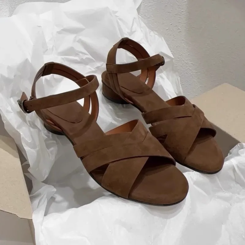 

Suede Leather Handmade Gladiator Sandals Women's Shoes Retro Thick Heel Open-toed Sandals Summer 2025 New Casual Sandalias Mujer