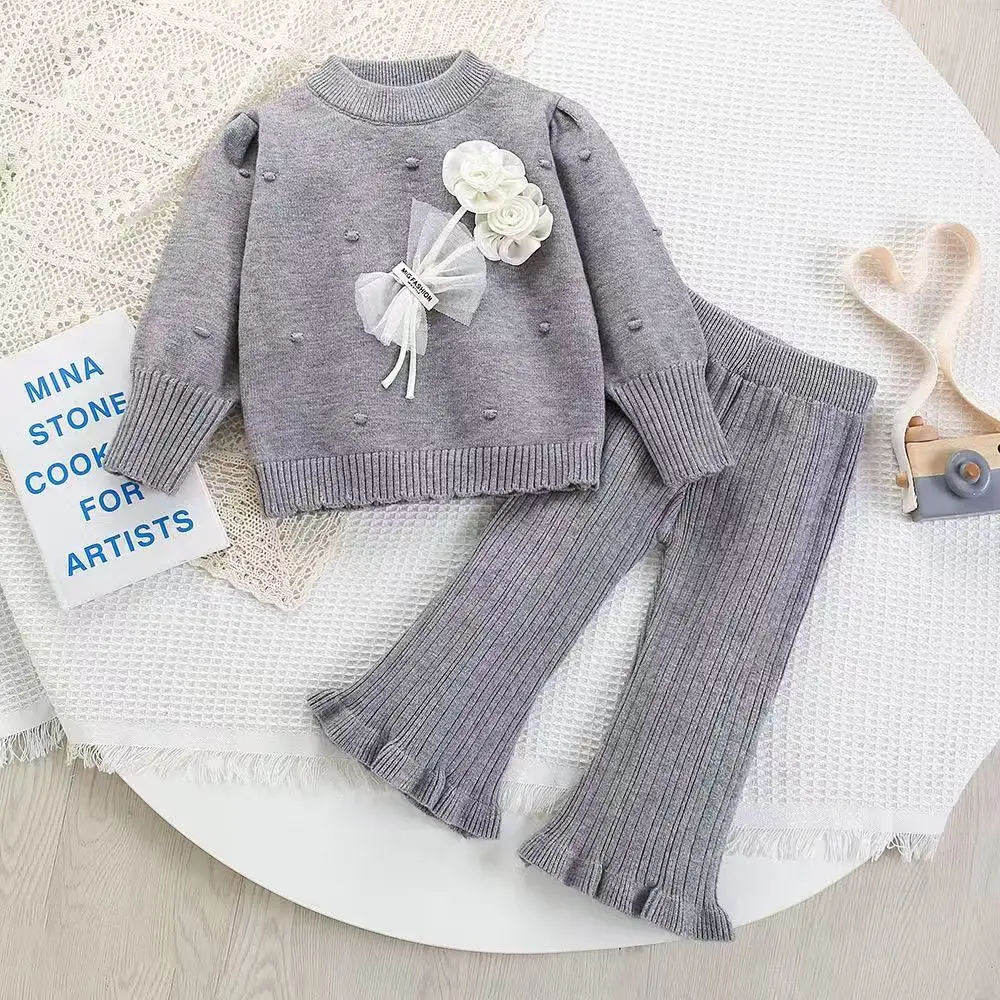 

Girls' Sweater Set Autumn/Winter New Korean Style Flower Solid Color Knitted Hoodie Bell-bottom Pants Two Piece Set