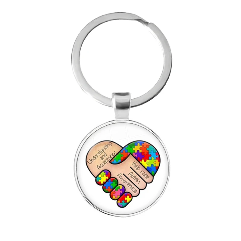 Autism Awareness Puzzle Ribbon Love Photo Round Glass Cabochon Keychain Bag Car Key Chain Ring Holder Charms Jewelry