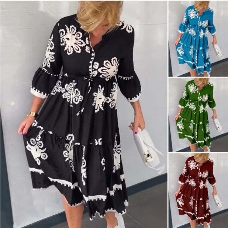 ฤดูร้อนพิมพ์ชุดลําลองสําหรับสตรี 2024 แฟชั่นคอวีพับเสื้อ Boho หลวม Robe Feame สีดํา