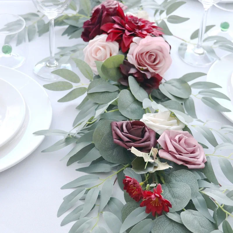 Imagem -04 - Corredor de Mesa Artificial Flores Arco de Casamento Cenário Verde Portas Decoração de Mesa Eucalipto Folhas de Salgueiro Videiras Rosa Guirlanda