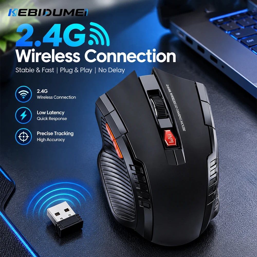 KEBIDUMEI Gaming-Maus mit 6 Tasten, 2,4-GHz-Funkmaus, 3 Einstellstufen, 1600 DPI, verstellbare, ergonomische optische Maus für PC, Laptop und Macbook.