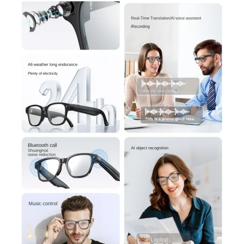 Inteligentne okulary z 800 tys. pikseli, 4 GB pamięci, AI do tłumaczenia w czasie rzeczywistym, rozpoznawaniem zdjęć i funkcją połączeń Bluetooth.