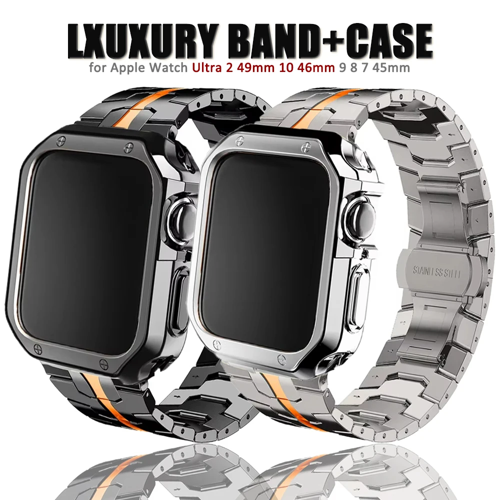 

Stainless Steel Band+Case for Apple Watch Ultra 2 49mm Series 10 46mm Luxury Men Strap for IWatch 9 8 7 6 5 4 se 45mm 44 Correa