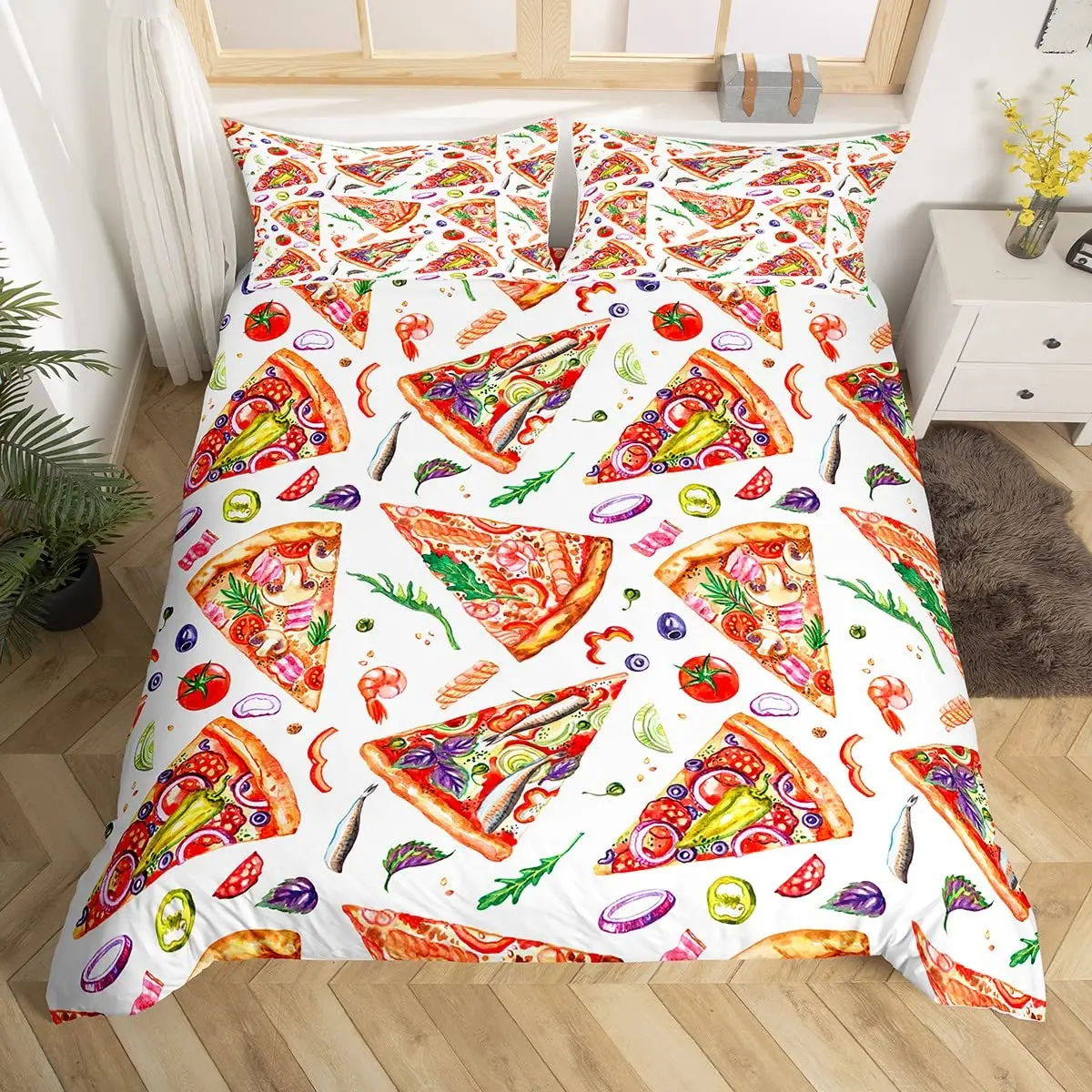 

Pizza Duvet Cover Set Rustic Fruits Vegetable Bedding Set 3pcs for Kids Teens Bedroom Decor Delicious Food Theme Comforter Cover