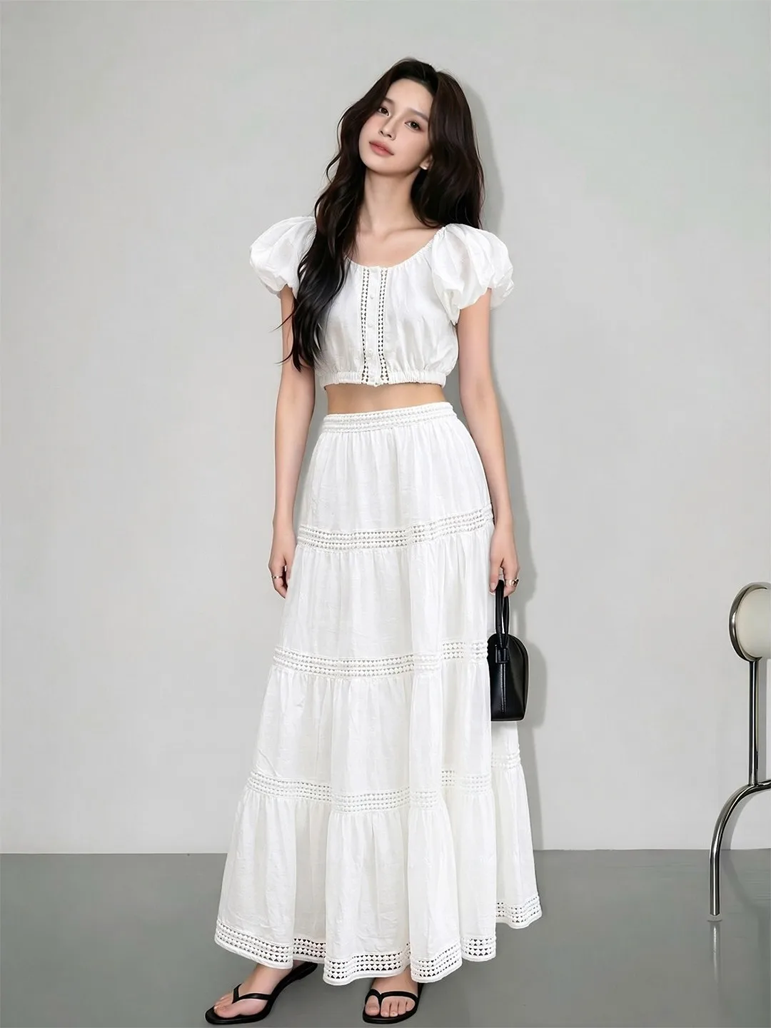Unique Beautiful White Bubble Sleeve Holiday Style Women's Summer Outfit Two-Piece Set Top Half-Skirt Casual Fashion Ensemble