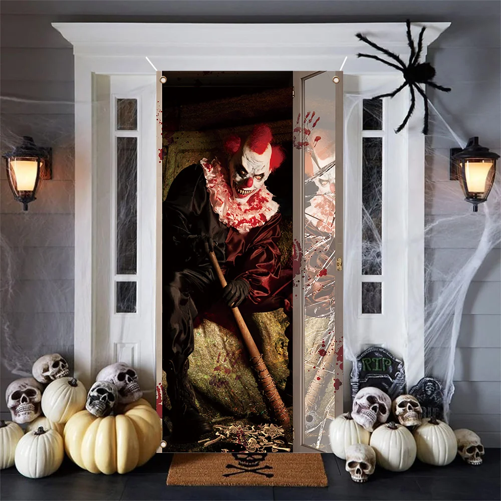 Halloween-Türdekoration für Festivals: Böser Clown-Fotohintergrund – Polyester – geeignet für den Innen- und Außenbereich