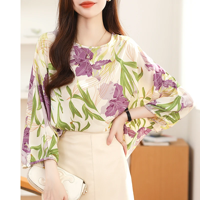 Women Summer Fashion Loose Printing Chiffon Appear Thin O-neck 3/4 Sleeve Shirts Women Clothes Casual All-match Office Lady Tops