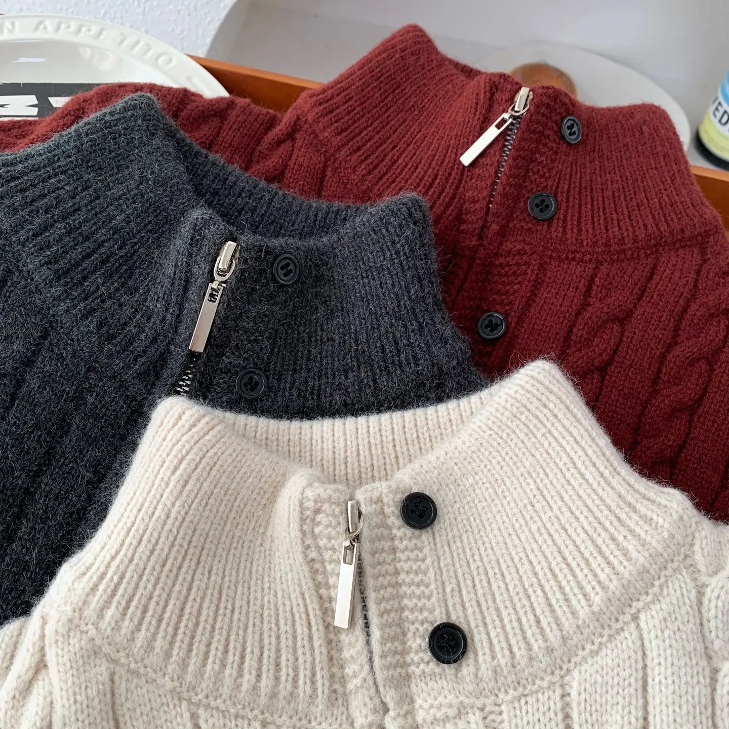 Boys Semi-High Collar Cable Knit Sweater 2026 Winter Warm Pullover Kids Fashion Base Layer Top