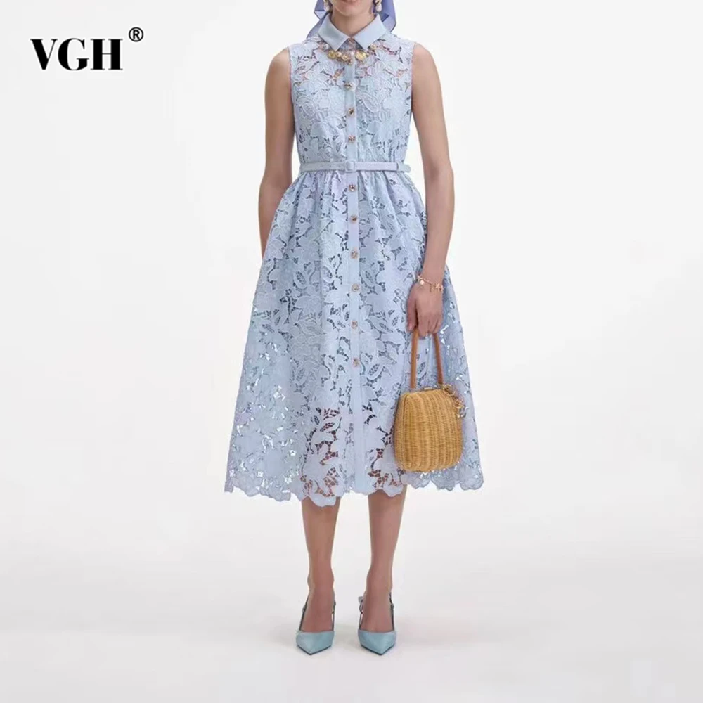 

VGH Blue Temperament Summer Dress for Women Lapel Sleeveless High Waist Patchwotk Sashes Sheer Hollow Party Dresses Female 2025