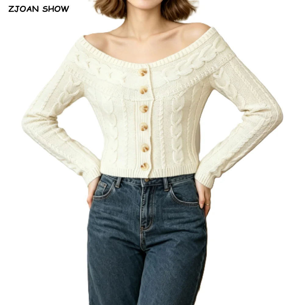 Women Autumn Twist Knitted Slash Collar Off Shoulder Sweater Long Sleeve Slim Fit Hem Buttons Pullover Knitwear Ivory Jumper