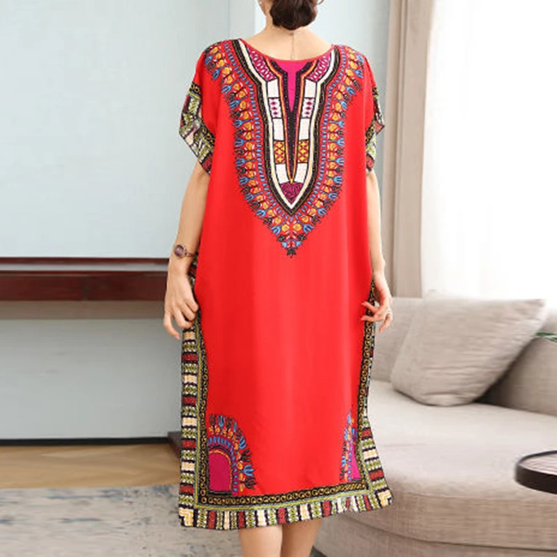 โบฮีเมียนสบายๆพิมพ์ชุดยาว Vintage Oversize หลวมสําหรับเสื้อผ้าผู้หญิง Midi ชุดเสื้อผ้าผู้หญิงฤดูร้อนแขนสั้น