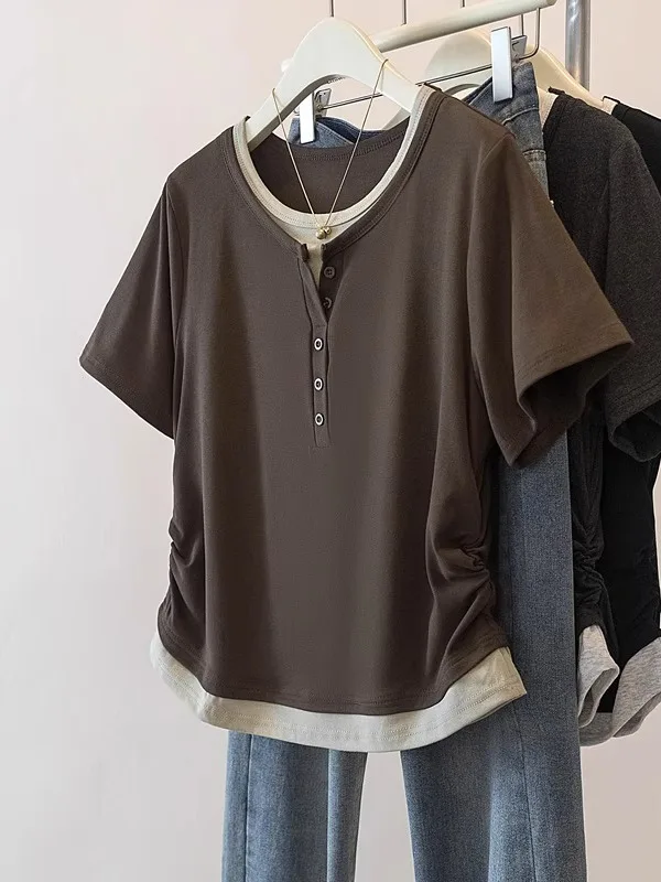 Mellower Coffee Short Sleeve T-Shirt Women's Summer plus Size Irregular Shoulder Korean Style Casual round Neck Top