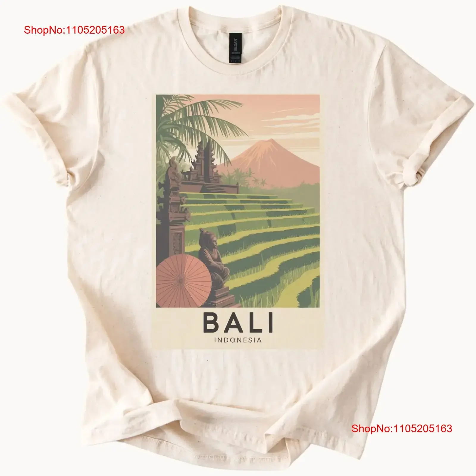 Bali Indonesia camiseta arroz terraza montaña templo viaje vintage lavado cómodo elegante Unisex estirado versátil suave