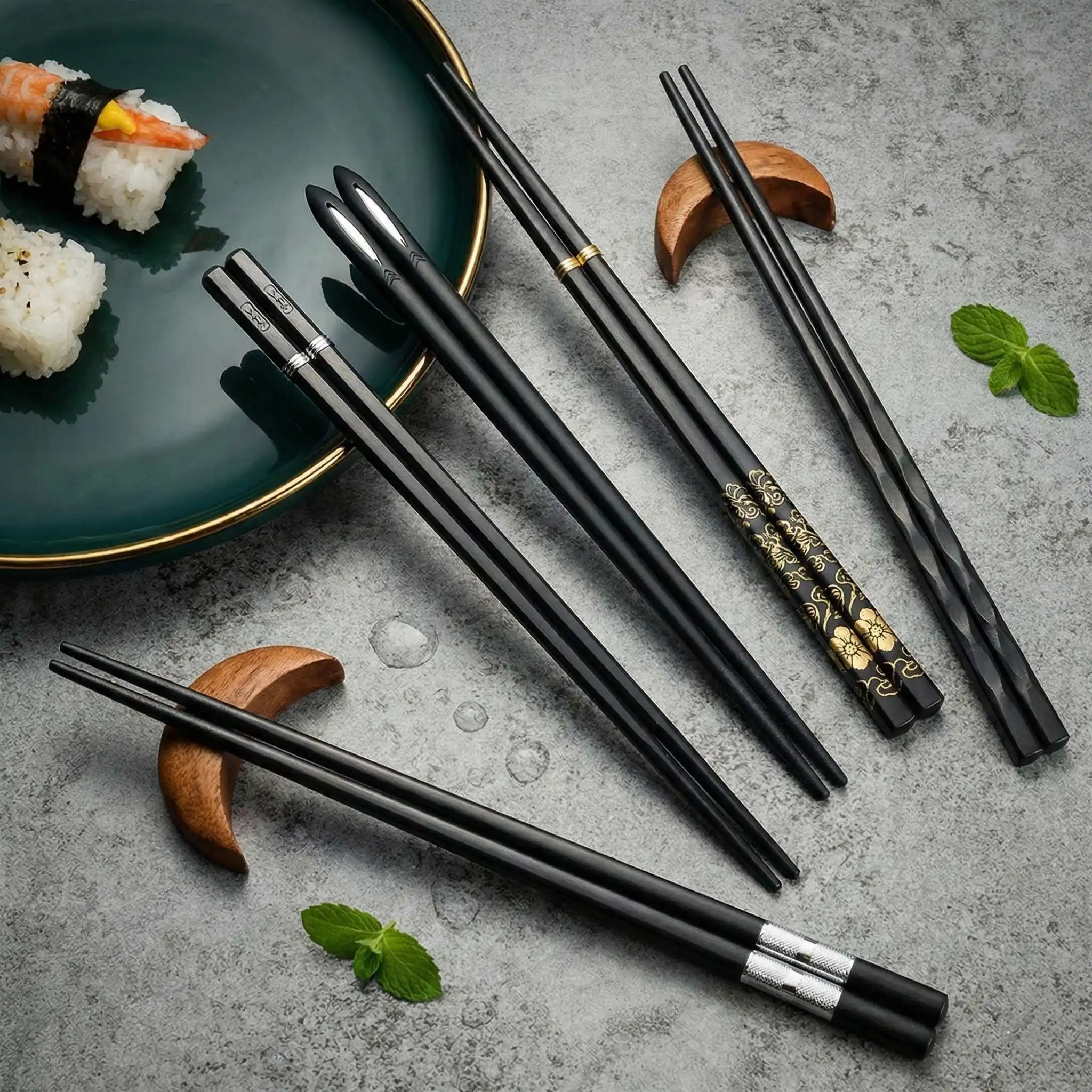 Juego de 5 pares (10 piezas) de palillos de aleación de calidad alimentaria de 24,3 cm (9,57 pulgadas) - Diseño negro antideslizante y resistente al calor