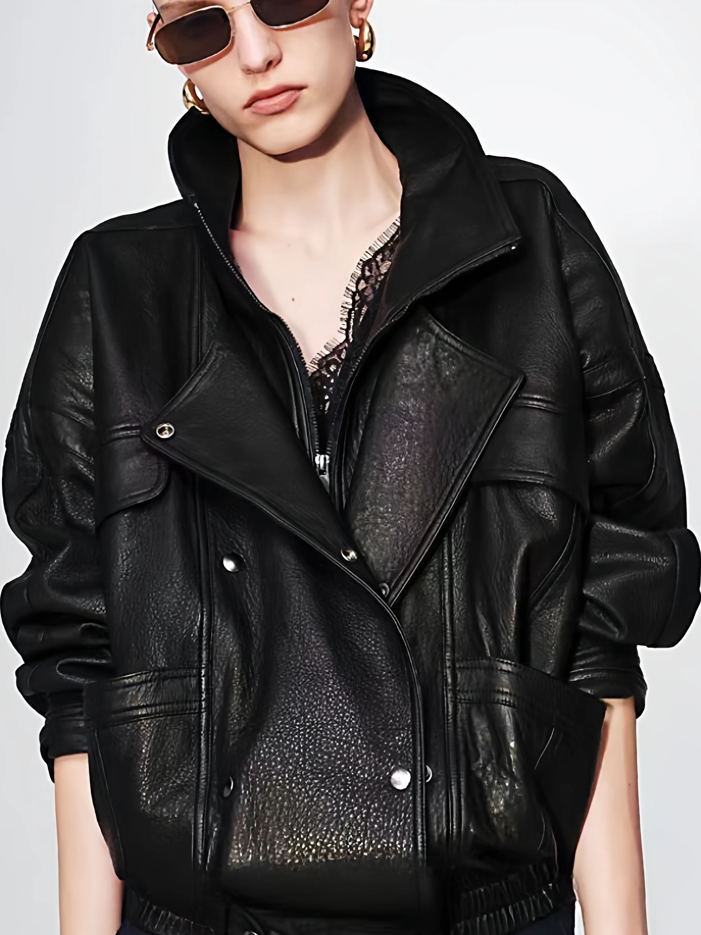 Clássico haifeng bolha couro jaet piloto colarinho motocicleta jaet feminino na moda outerwear eepskin longo sve casaco