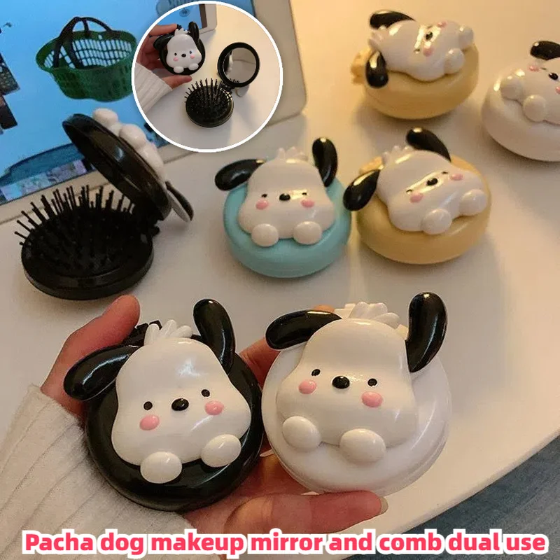 Pochacco แบบพกพาพับถุงลมนิรภัยหวีแบบพกพากระจกเครื่องสําอาง 2-Purpose All-In-One Girly หัวใจน่ารักหวีของขวัญ