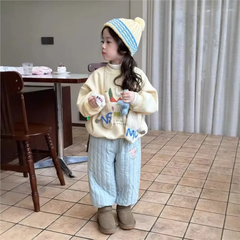 Autumn Winter Childrens Girls 2PCS Clothes Set Plush Thickened Caroon Pullovers Warm Fleece Pants Suit Toddler Baby Girls Outfit