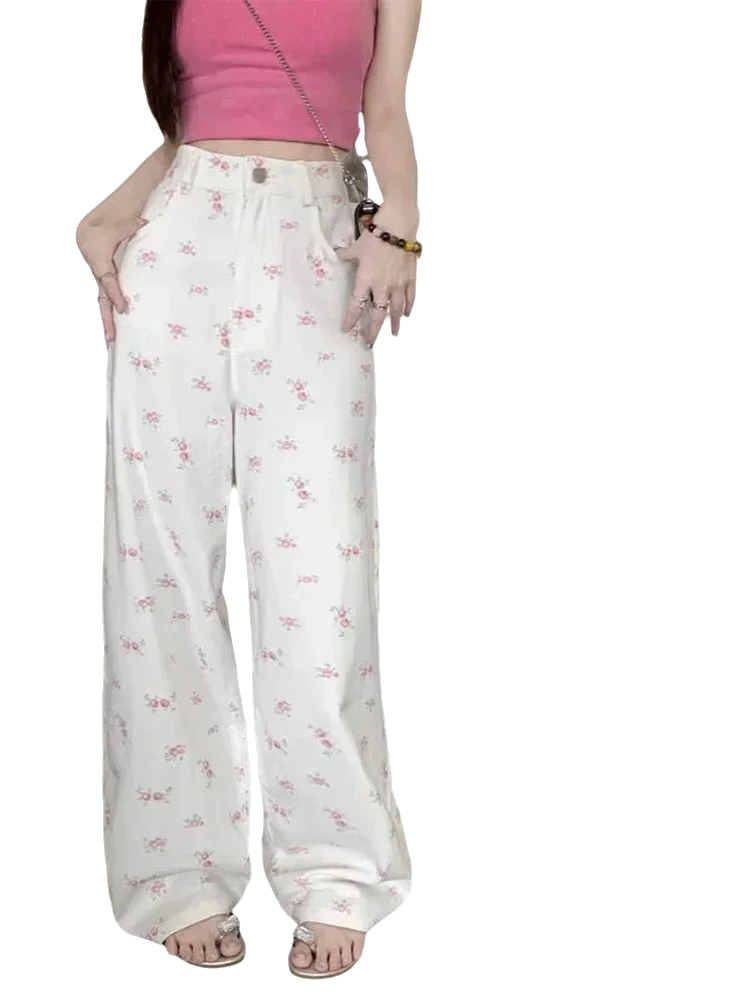 캐주얼 루즈 패션 스트리트 여성 청바지 흰색 꽃 스트레이트 바지 여성 세련된 새로운 높은 허리 슬림 기본 여성 청바지