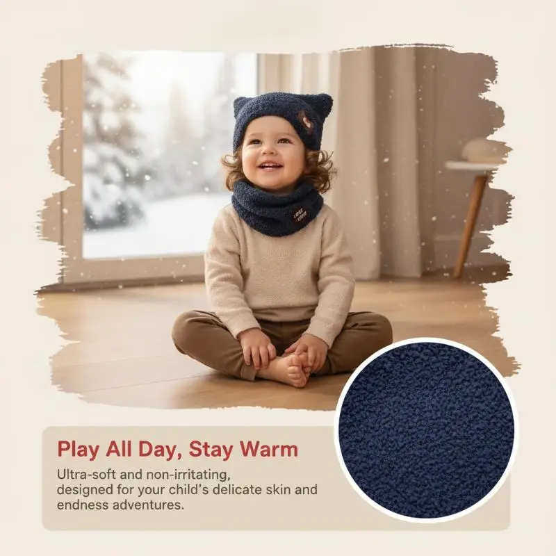 2 in 1 Baby Winter Hat Scarf Set Soft Windproof Plush Fleece Cute Cat Ear for Toddler Outdoor Play Snow Day Accessory