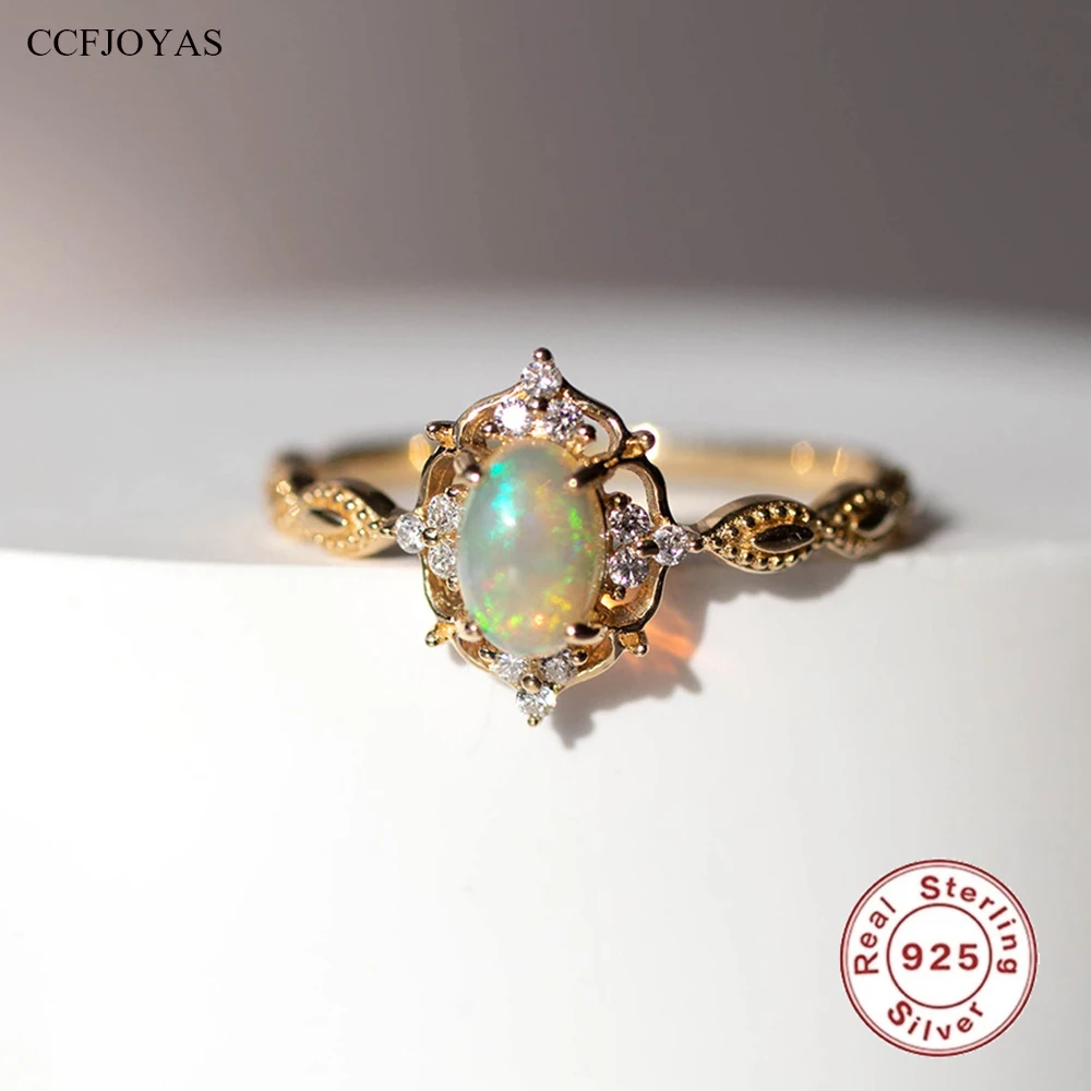 

CCFJOYAS 925 Sterling Silver Geometric Colorful Opal Rings for Women 18k Gold Plated Exquisite Ring Jewelry Valentine's Gift