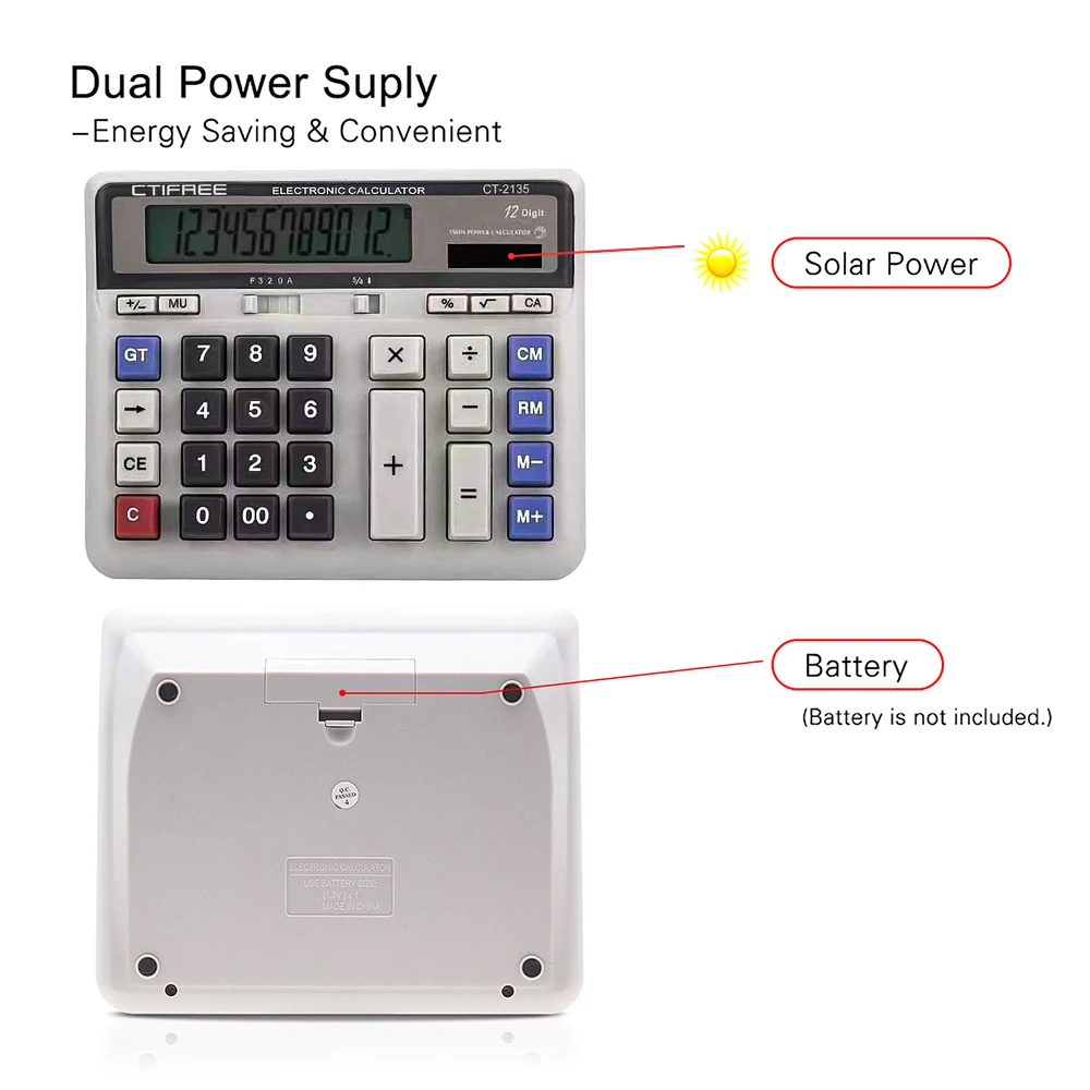 Electronic Calculator Counter Solar & Battery Power 12 Digit Display Big Button for Business Office School Calculating