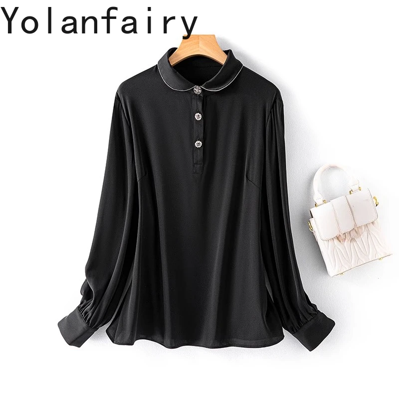 

YOLANFAIRY Spring Summer Blouse Woman Elegant 93% Mulberry Silk Lady Tops and Blouses Long Sleeve Satin Black Blouse Womens Tops