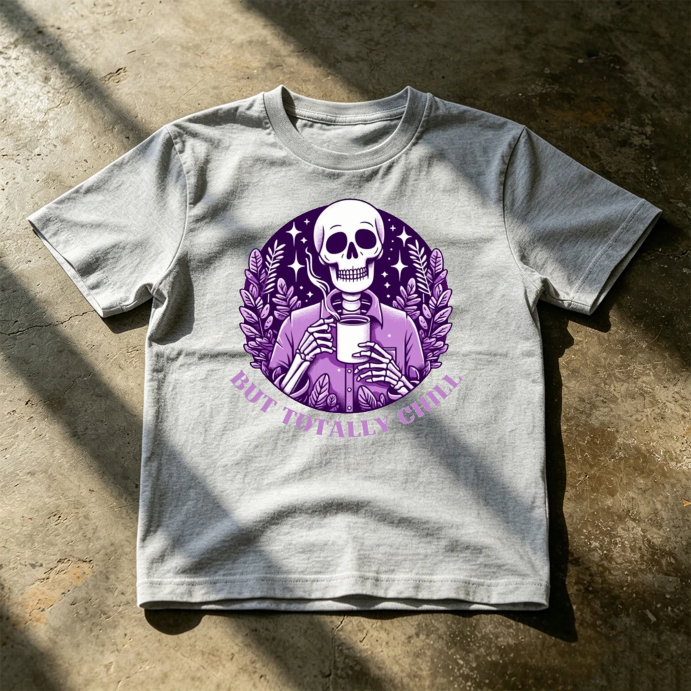 Dead But Totally Chill Skeleton Drinking Coffee Graphic Men T Shirt Spooky Vibe Summer Short Sleeve Goth Aesthetic Top